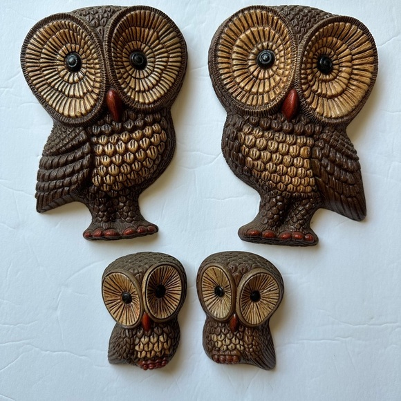Vintage Foam Resin Owl Wall Art Hanging Decor Set Of 4 70's MCM Big Eye - Picture 1 of 6